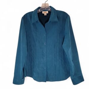 Talbots Turquoise Suede Feel Blouse Lined‎ Long Sleeve Women's Large